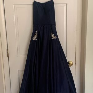 Blondie Nites by Stacy Solar deep navy prom gown